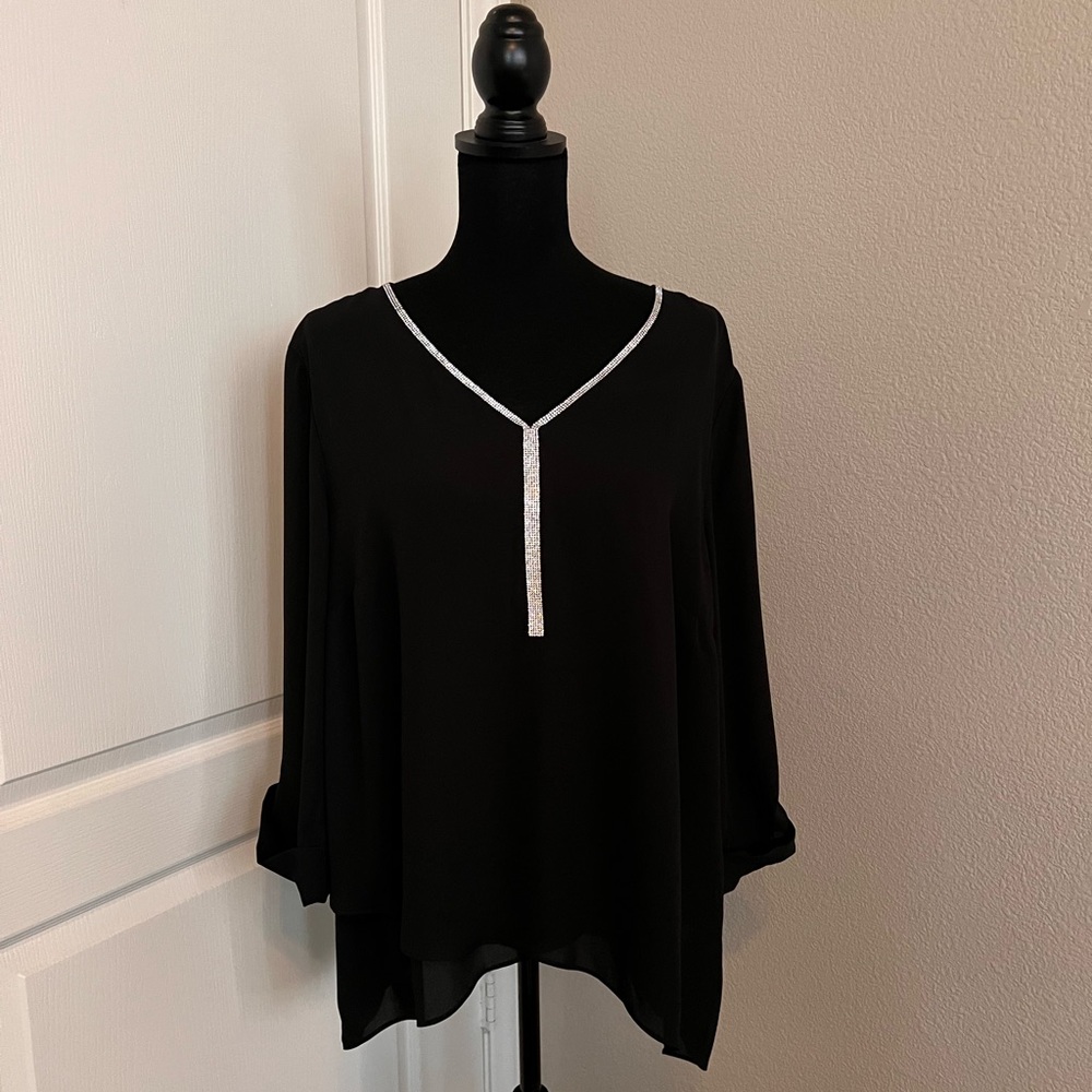 Beautiful JM Collection-Chiffon Dress Blouse with V-Neck & Rhinestone. Size XL